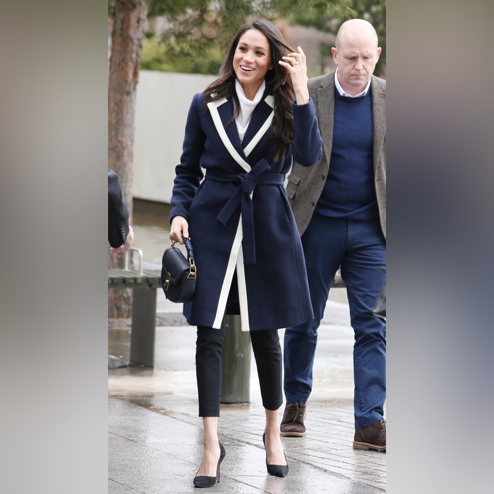 NWOT J. Crew Navy Wrap Coat with Cream Trim Rare (ASO Meghan Markle)